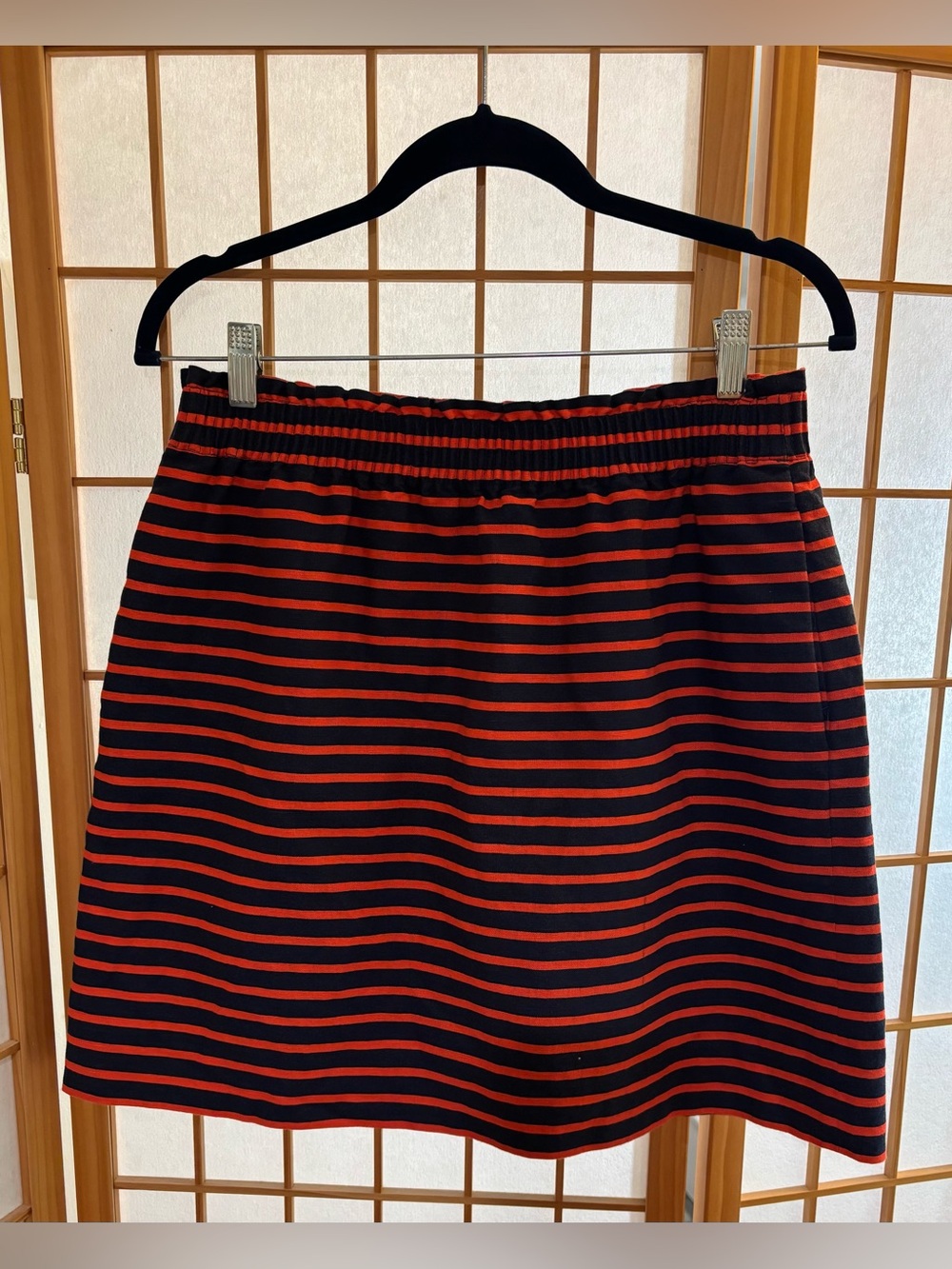 J CREW pull on LINEN Cotton striped SKIRT navy orange MINI pockets SIZE 8